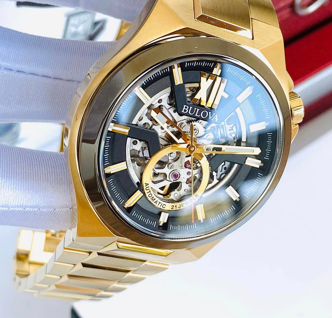 Pre-owned Bulova Maquina Automatic Black Dial Gold Tone Watch 98a178