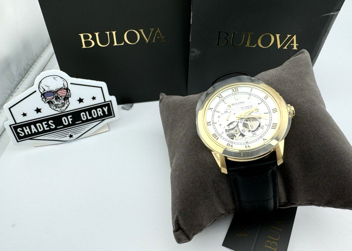 Pre-owned Bulova Sutton Gold Stainless Automatic 4-hand Watch Open Heart Leather 42mm