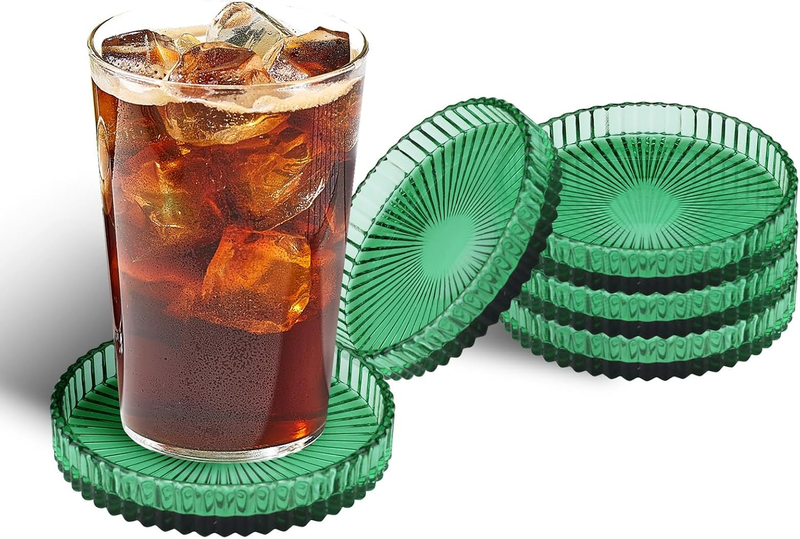5 Pieces Green Glass Coasters Set, Crystal Drink Coasters Decorative, Clear roun