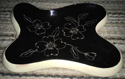 1956 HOLLAND MOLD ART DECO BLACK WHITE RASPBERRY SWIRL LARGE ASHTRAY DISH FLORAL
