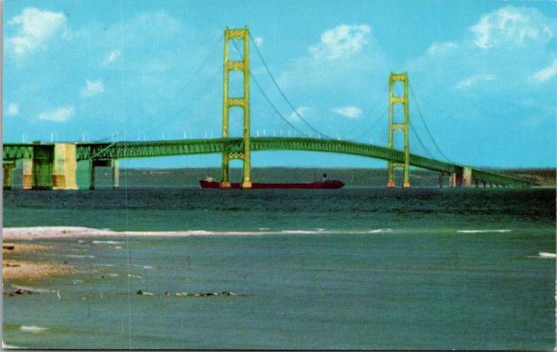Chrome Postcard Mackinac Bridge Longest Suspension Bridge In The World