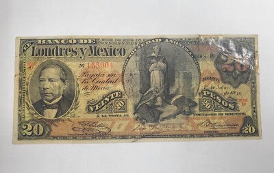 1910 EL Banco DE Londres Y Mexico Veinte Pesos
