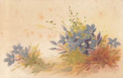 CP ILLUSTREE SIGNEE VOAGER BELLES FLEURS BLEUES