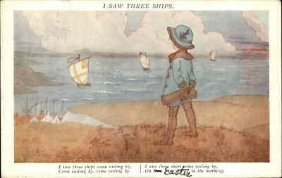 Three Ships Song Little Boy Ships on Water Lovely Art c1910 Vintage Postcard