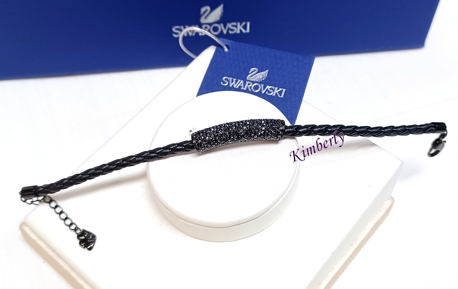 Swarovski Stone Bracelet Black Braided Leather Dark Crystal