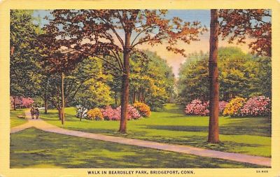 Bridgeport Connecticut~Men Stroll Paths In Beardsley Park~1935 Linen Postcard