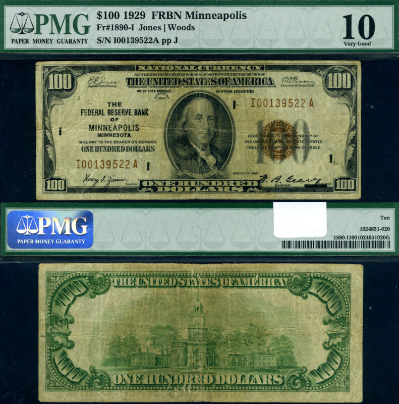 FR. 1890 I $100 1929 Federal Reserve Bank Note Minneapolis I-A Block PMG VG10