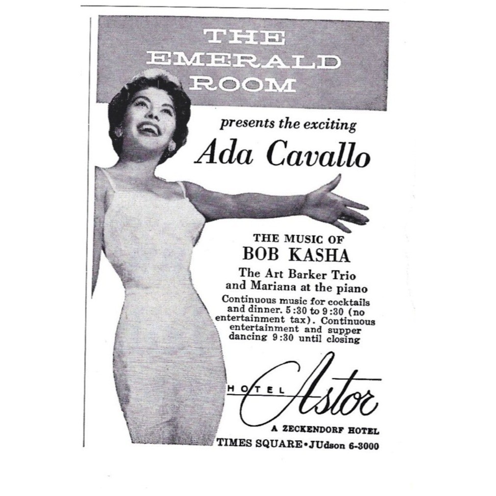 Ada Cavallo Bob Kasha Astor Hotel Emerald Room 1960s Vintage
