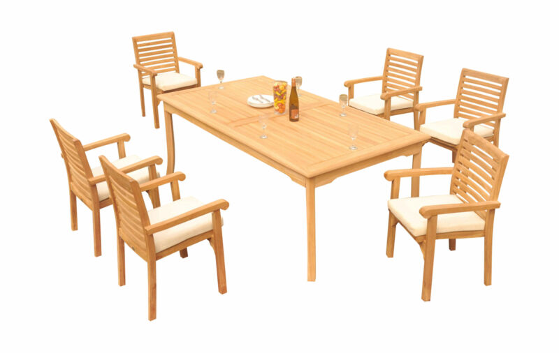 7-piece Outdoor Teak Dining Set: 83” Rectangle Table, 6 Stacking Arm Chairs Hari