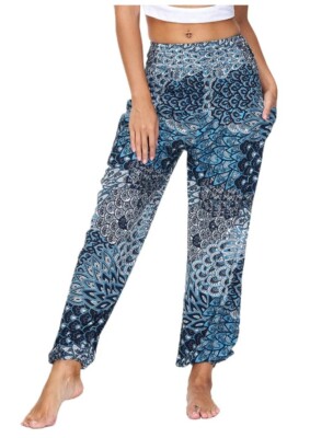 Nuofengkudu Women'S Harem Hippie Pants Baggy Boho Patterned High Waist Smocked 