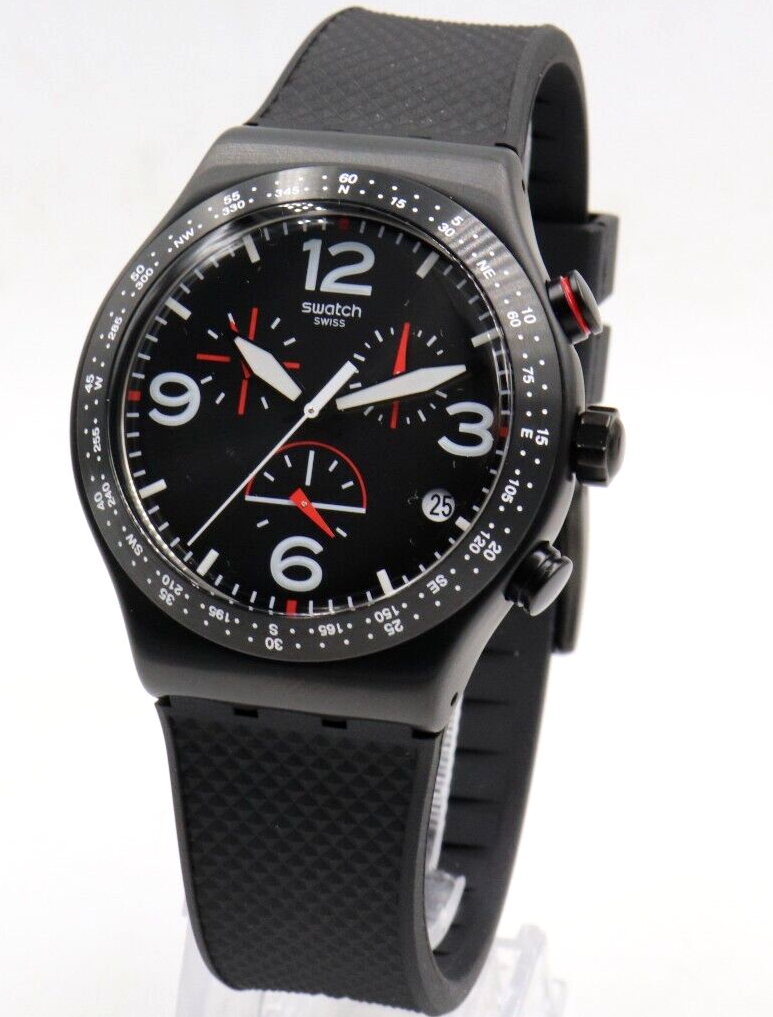New Swiss Swatch Irony Chrono BLACK IS BACK Silicone Watch New Swiss Swatch Irony Chrono BLACK IS BACK Silicone Watch