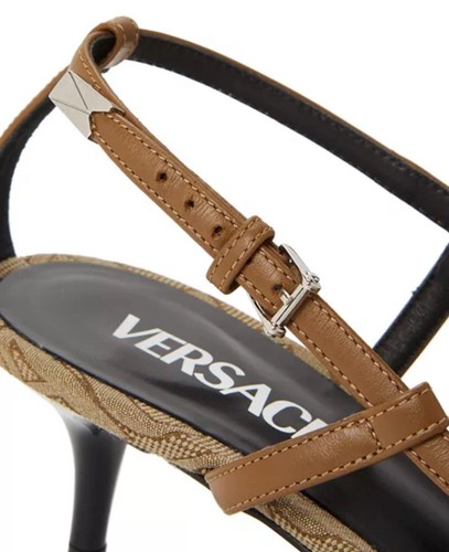 Pre-owned Versace Greca Beige Logo Slingback Kitten Heel In Box Size 36