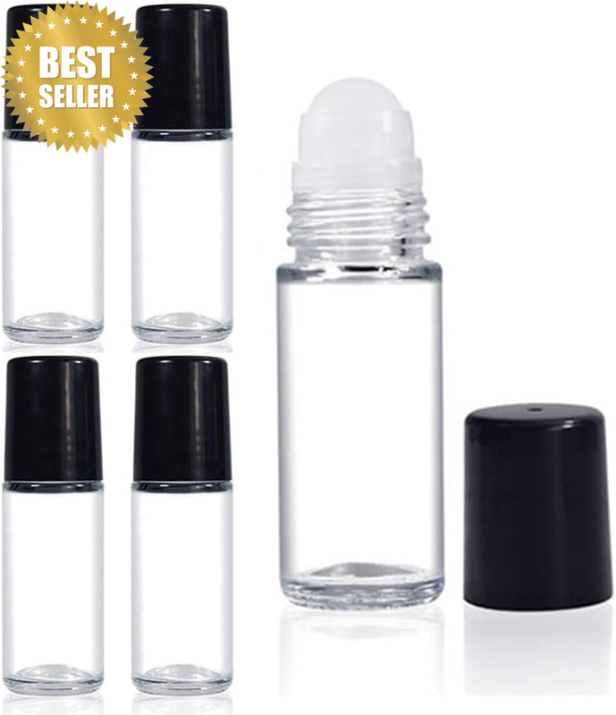 5PCS 30Ml Refillable Essential Oil Roller Bottles with Plastic Balls & Black Lid