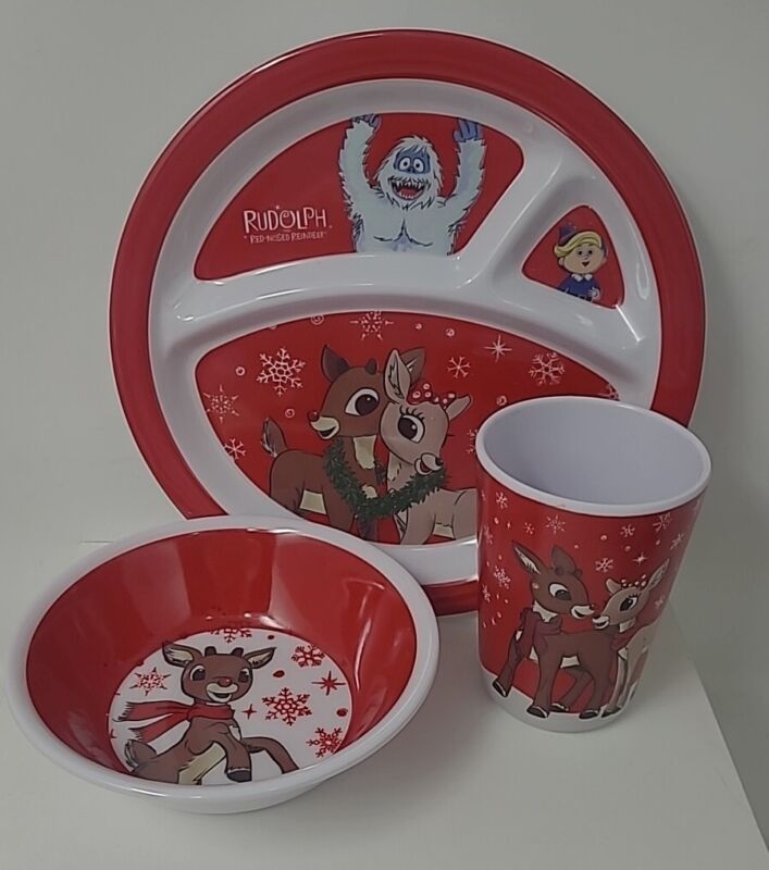 Rudolph The Red Nosed Reindeer Cup, Bowl & Divided Plate Melamine Kids Dish Set