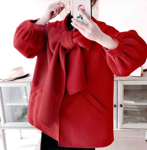 Pre-owned Handmade Custom Made To Order Tie Neck Bow Wool Blend Basic Jacket Coat Plus 1x-10x L537 In Red
