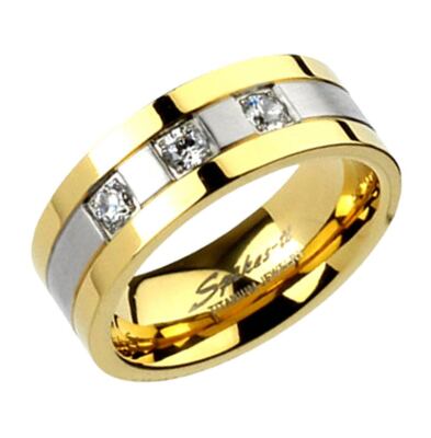 Three Stones Cubic Zirconia 8mm Two-Tones Titanium Men Wedding Engagement Band