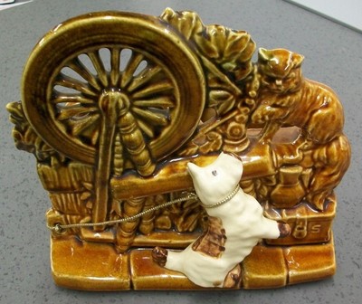 Vintage McCoy Planter Dog w Spinning Wheel Brown flower pot, Cat, scotty Dog USA