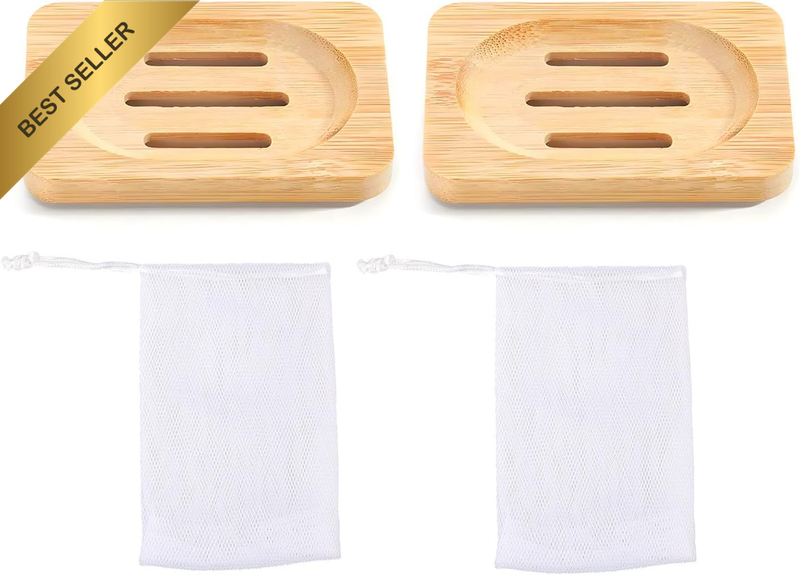 Soap Dish, 2 Pcs Natural Bamboo Soap Holder and Foaming Net Set, Self Draining S