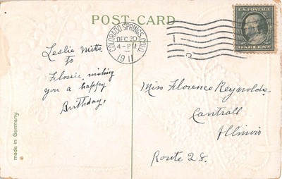 Hearts Made of Violets & Green Blossoms by Doves on 1911 Birthday Postcard