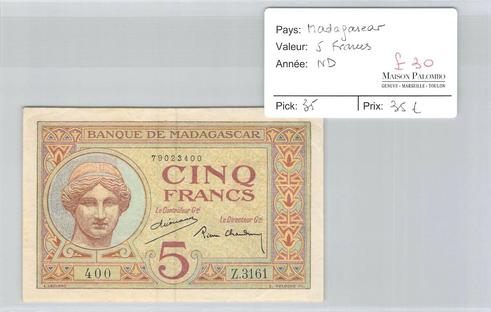 Madagascar Banknote - 5 Francs ND - Pick 35 - No. Z.3161 | eBay