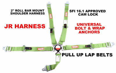 JR DRAGSTER HARNESS SFI 16.1 5 POINT CAM LOCK ROLL BAR MOUNT BELT LIME GREEN