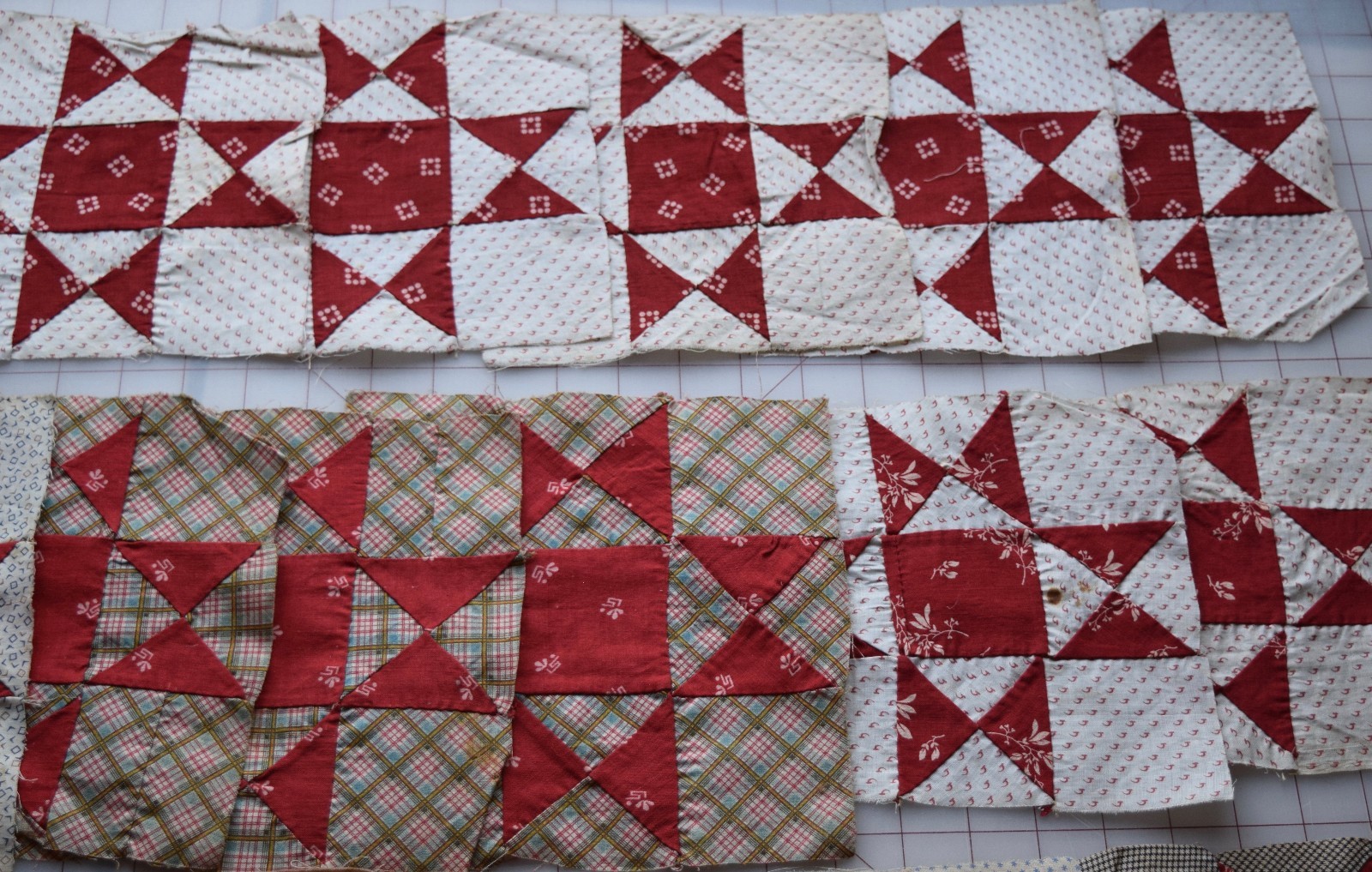 29 antique 1870's Ohio Star/Variable Star quilt blocks, red and white shirtings!