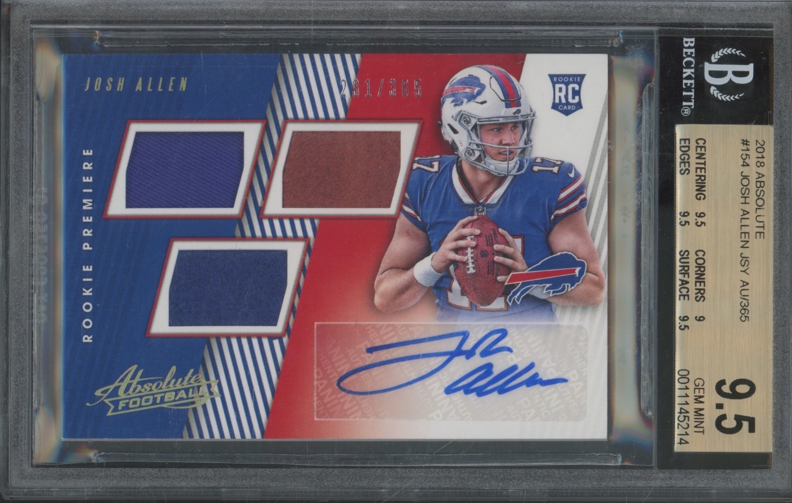 2018 Absolute Rookie Premiere Jersey Josh Allen /365 RC Gem Mint BGS 9.5 10 Auto