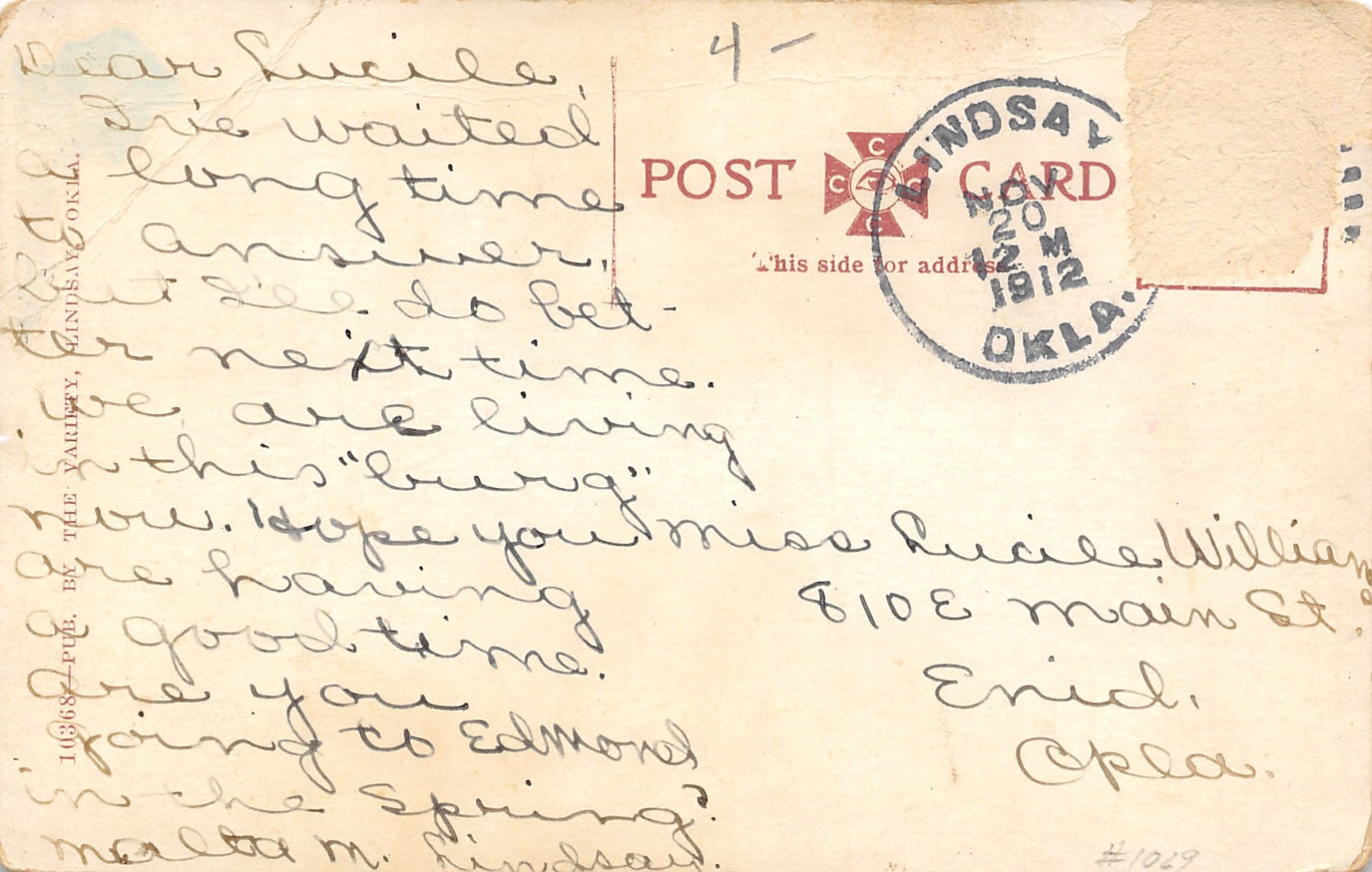 Lindsay Oklahoma~Red Brick High school~1912 Postcard