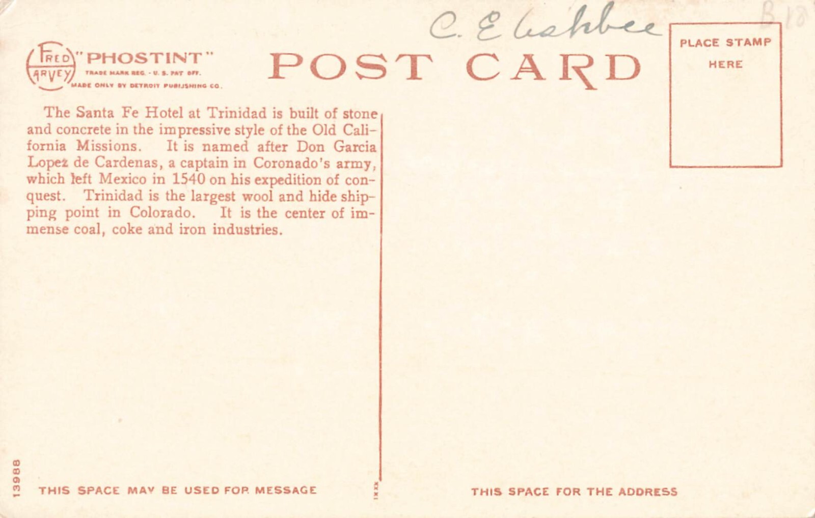 Postcard The Cardenas, Santa Fe Hotel, Trinidad, Colorado, HARVEY VTG VPC02.
