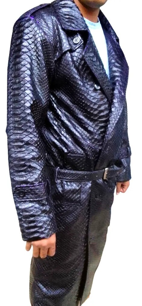 Pre-owned Handmade Man's Real Python Snake Skins Genuine Snake ? Hides Long Trench Coat All Sizes In Black