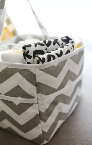 Strong Washable Baby Diaper Caddy ,100% Cotton Canvas, Portable Large Gray&White