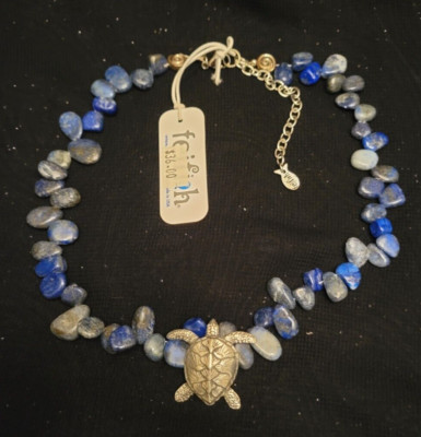 FEIFISH NECKLACE W/ MEDIUM TURTLE PENDANT AND BLUE STONES NEW W/TAGS