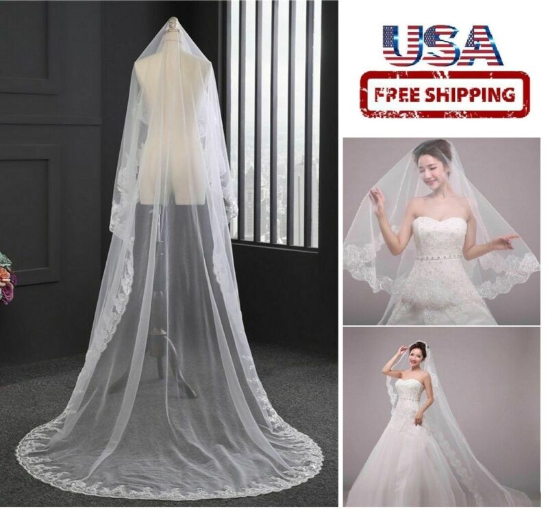 White Bridal Veil Lace Edge 3M Length Bride Elegant Vintage Cathedral Wedding US