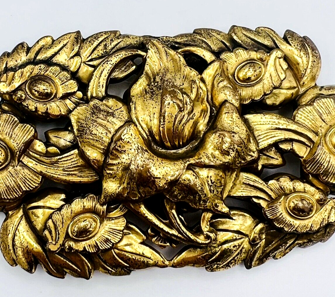 Vintage Art Nouveau Brass Repoussé Flower Brooch Pin