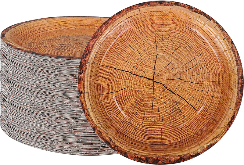 Peony Man 50 Count Wood Grain Paper Plates 9" Rustic Wood Slice Paper Plates Dis