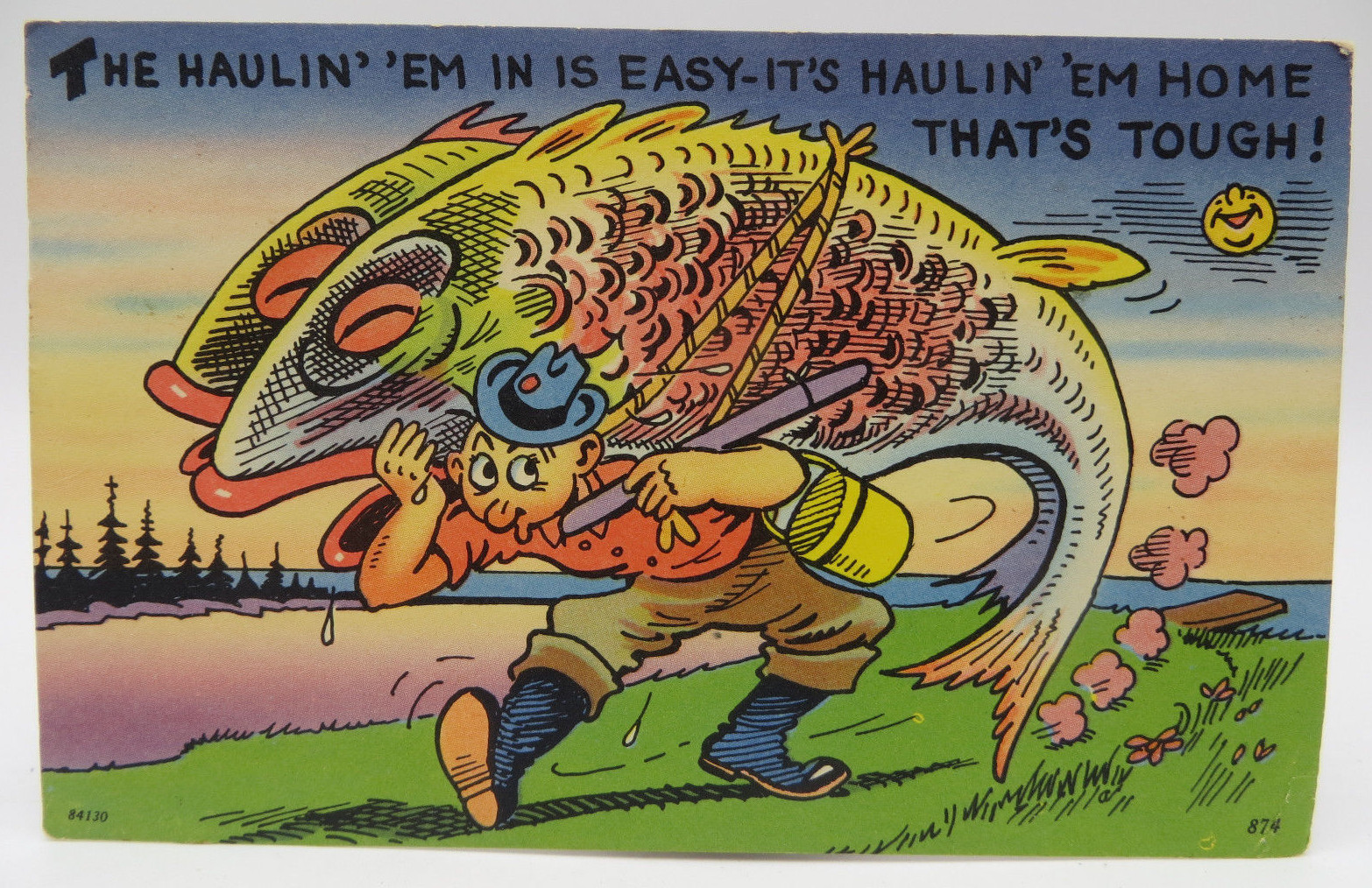 Vintage Humor Postcard Man Carrying Huge Fish Fishing Postmarked