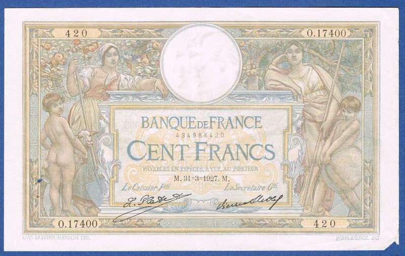 Billet 100 Francs L.O Merson Fayette NÂ° 24.6 Du 31=3=1927.M En Ttb O.17400 420