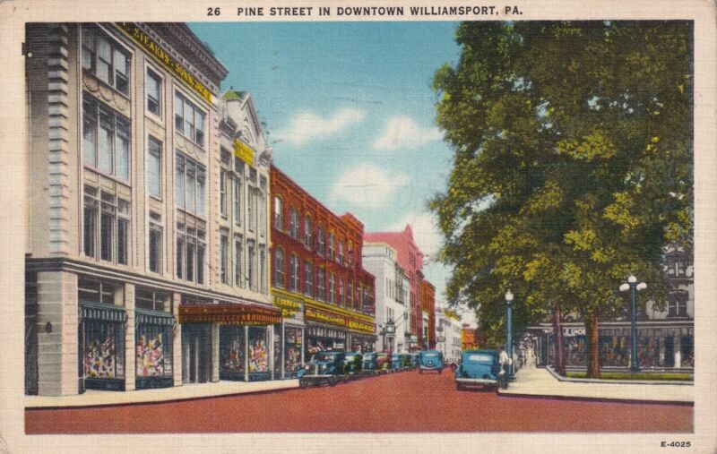Vintage Linen Postcard - Pine Street In Downtown Williamsport Pennsylvania Cars