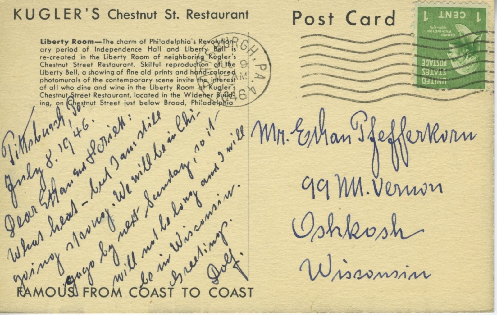 Kugler's Chestnut St. Restaurant ~ Philadelphia Pennsylvania PA Postcard