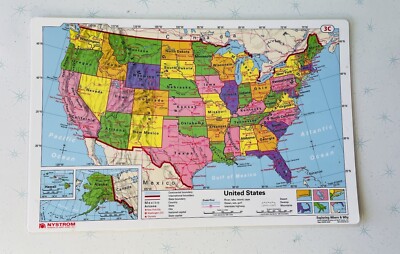 Pristine 17''X11'' Laminated double sided United States 3C & World Map 3D Nystrom