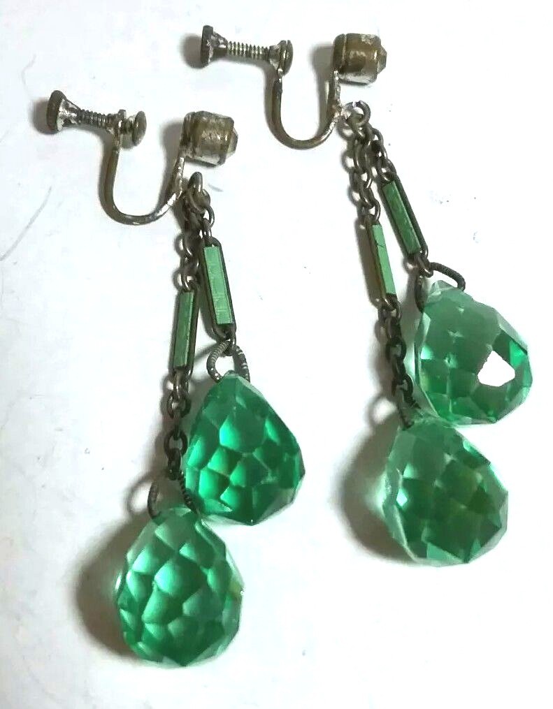 ANTIQUE ART DECO DROP ENAMEL GREEN CRYSTAL CHANDELIER CZECH EARRINGS