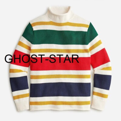J.CREW roll neck sweater stripe white red green navy blue cotton chunky rollneck