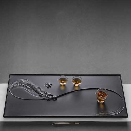  Tea Tray Hand Carved Dragon Engraved Black Stone Water Draining Tray For Teaset