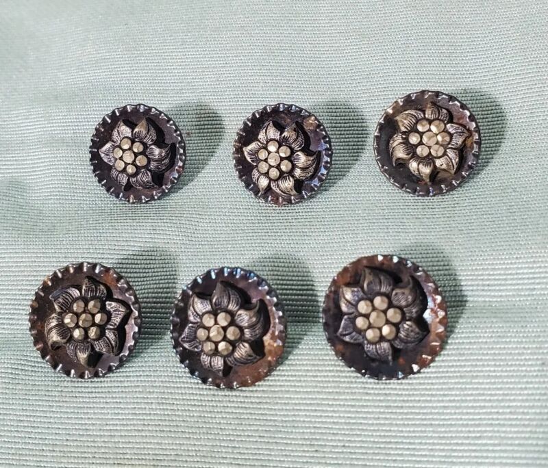 Antique Victorian Lot of 6 Steel Cut Metal Buttons Edelweiss Flowers 