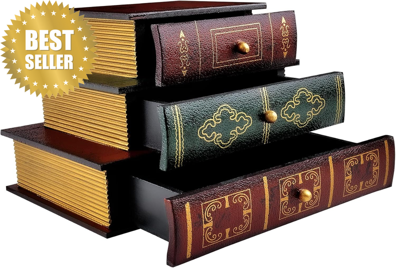 Vintage Decorative Organizer Wooden False Book Storage Box Jewelry Box with Thre