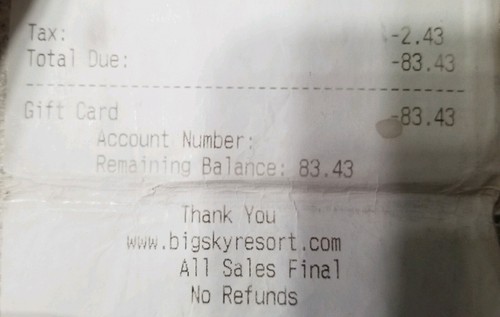 Big Sky Resort GIFT CARD montana skiing BALANCE $83.43