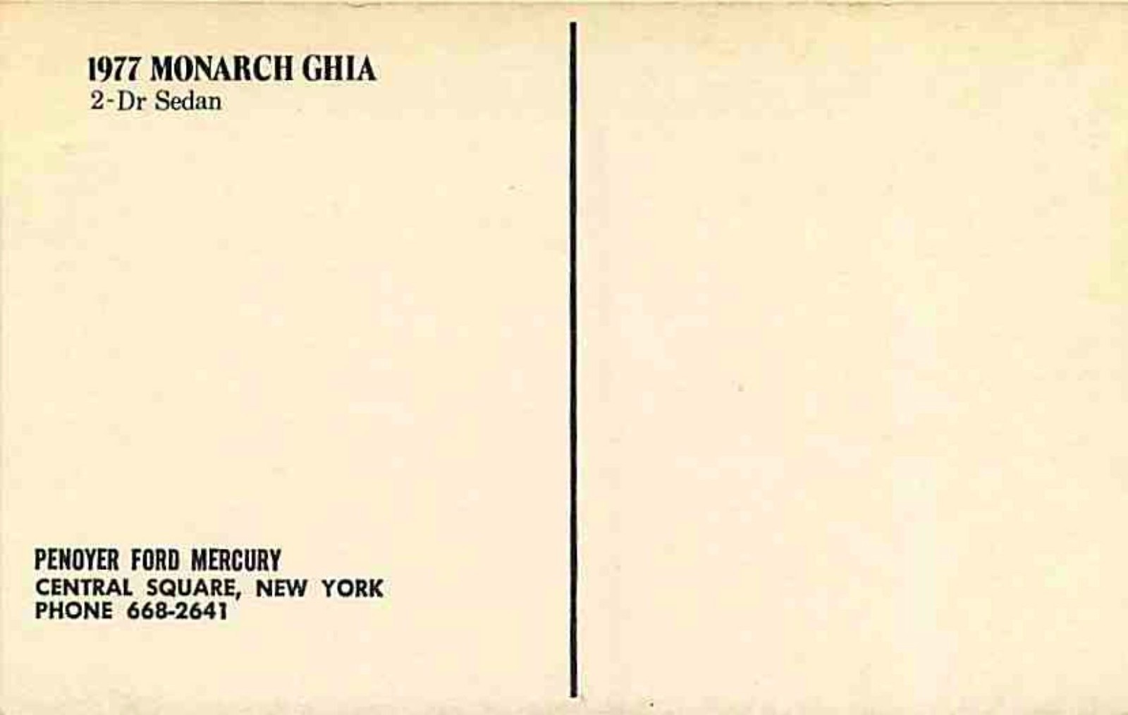 Advertising Postcard 1977 Mercury Monarch Ghia 2-Door Sedan, Penoyer Ford, NY