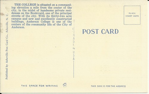 OLD VINTAGE ENTRANCE TO ANDERSON COLLEGE SOUTH CAROLINA LINEN POSTCARD