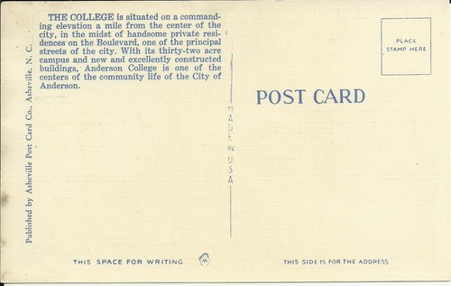 OLD VINTAGE ANDERSON COLLEGE SOUTH CAROLINA LINEN POSTCARD