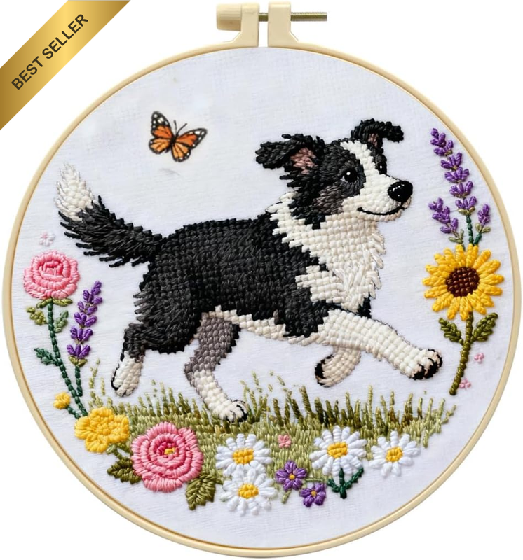11Ct Stamped Cross Stitch Kits for Adults Beginners, Border Collie with Wildflow